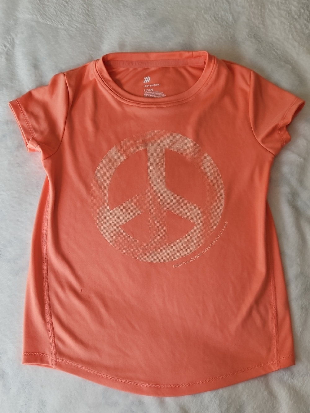 All In Motion Athletic Peace Logo Tee - Coral.   Size S 6/6X.    #317